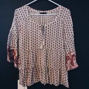 Bohemian floral paisley tie bell sleeve blouse
